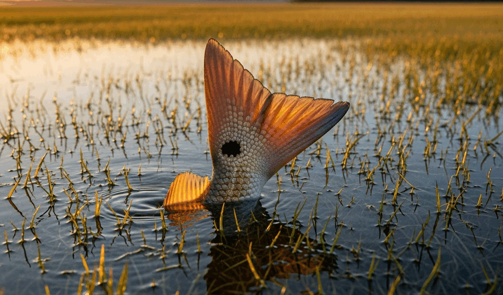 redfish tailing on a shallow grass flat at dawn bronze tail 20260331 095509