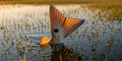redfish tailing on a shallow grass flat at dawn bronze tail 20260331 095509