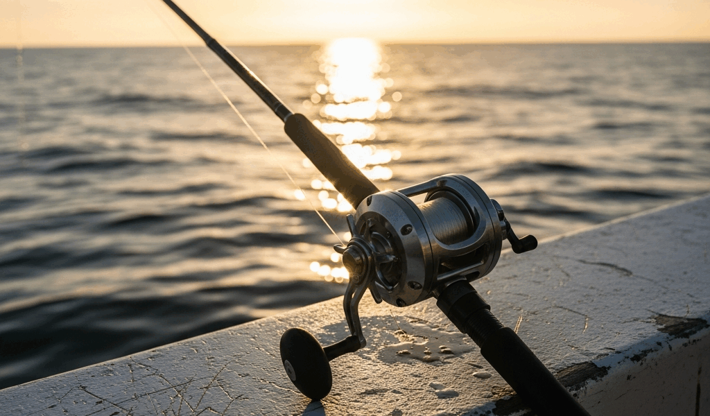 saltwater fishing rod and reel combo on a boat gunwale with 20260331 095449