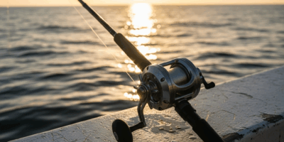 saltwater fishing rod and reel combo on a boat gunwale with 20260331 095449