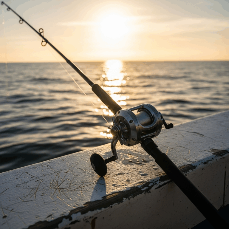 saltwater fishing rod and reel combo on a boat gunwale with 20260331 095449